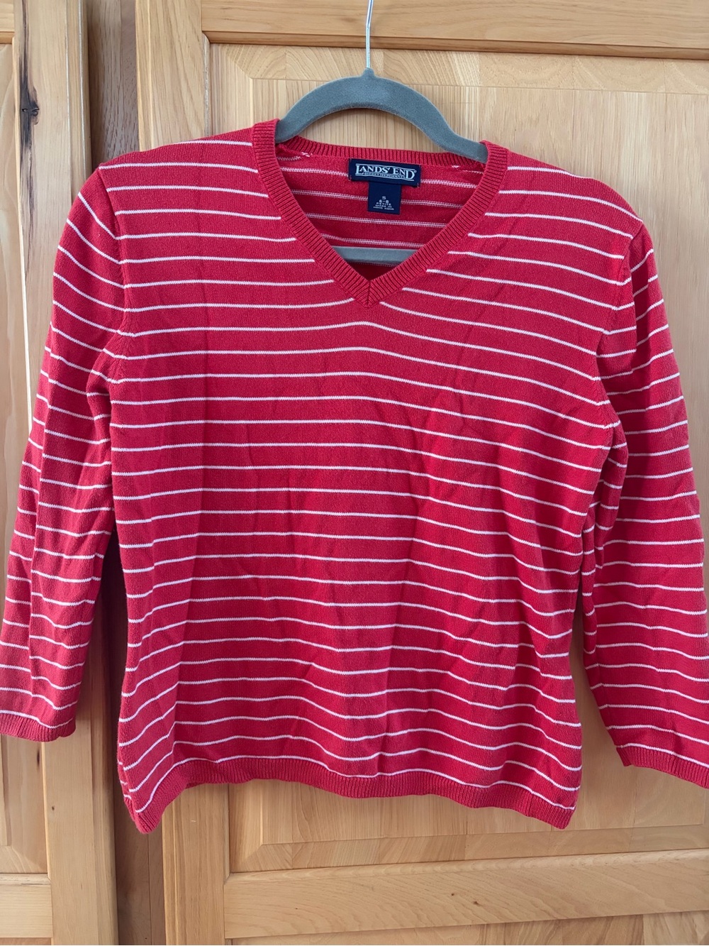 Lands' End Red and White Striped V-Neck Sweater Top